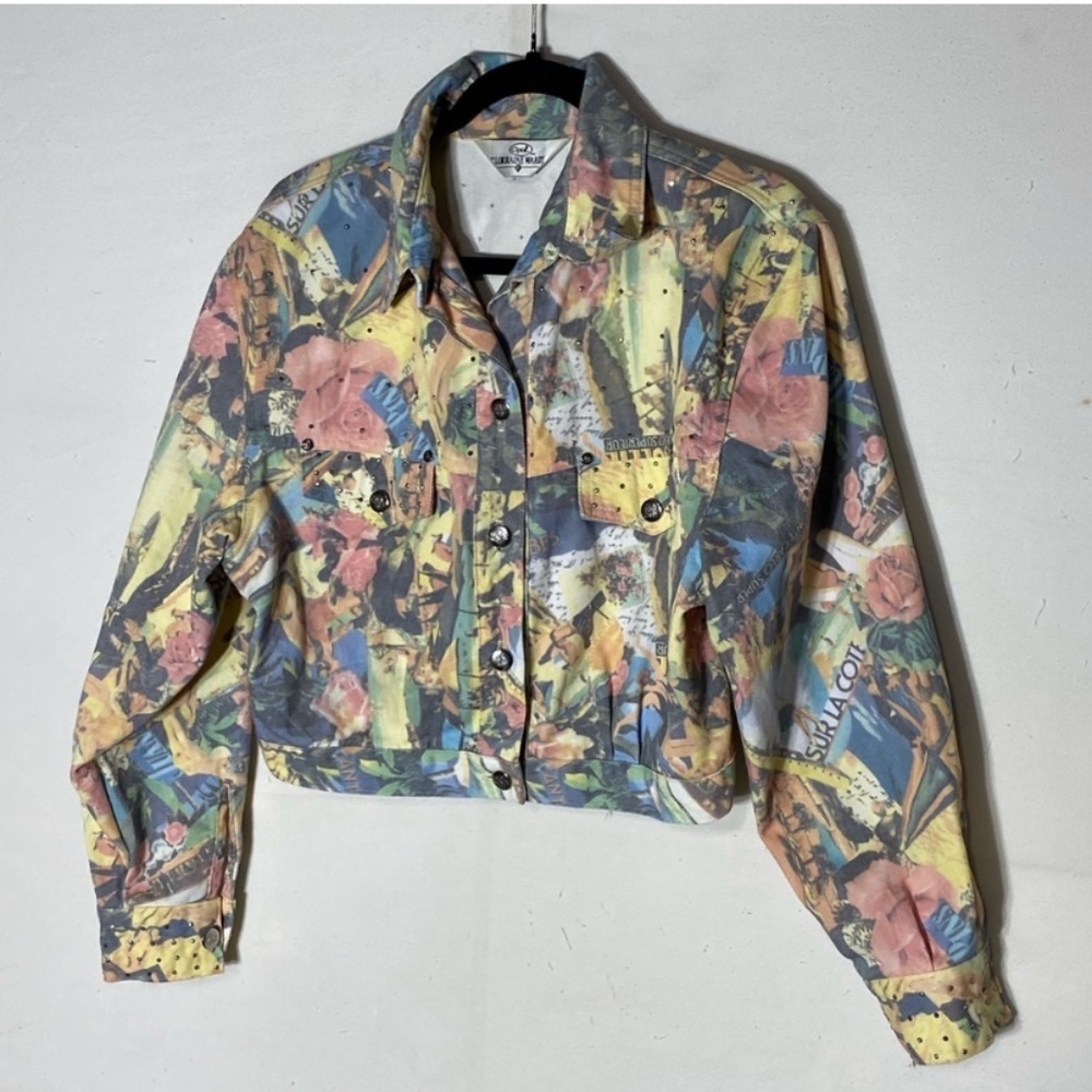 Vintage Opal By Lorraine Wardy Graphic Print Oversized Cropped Denim Jacket M